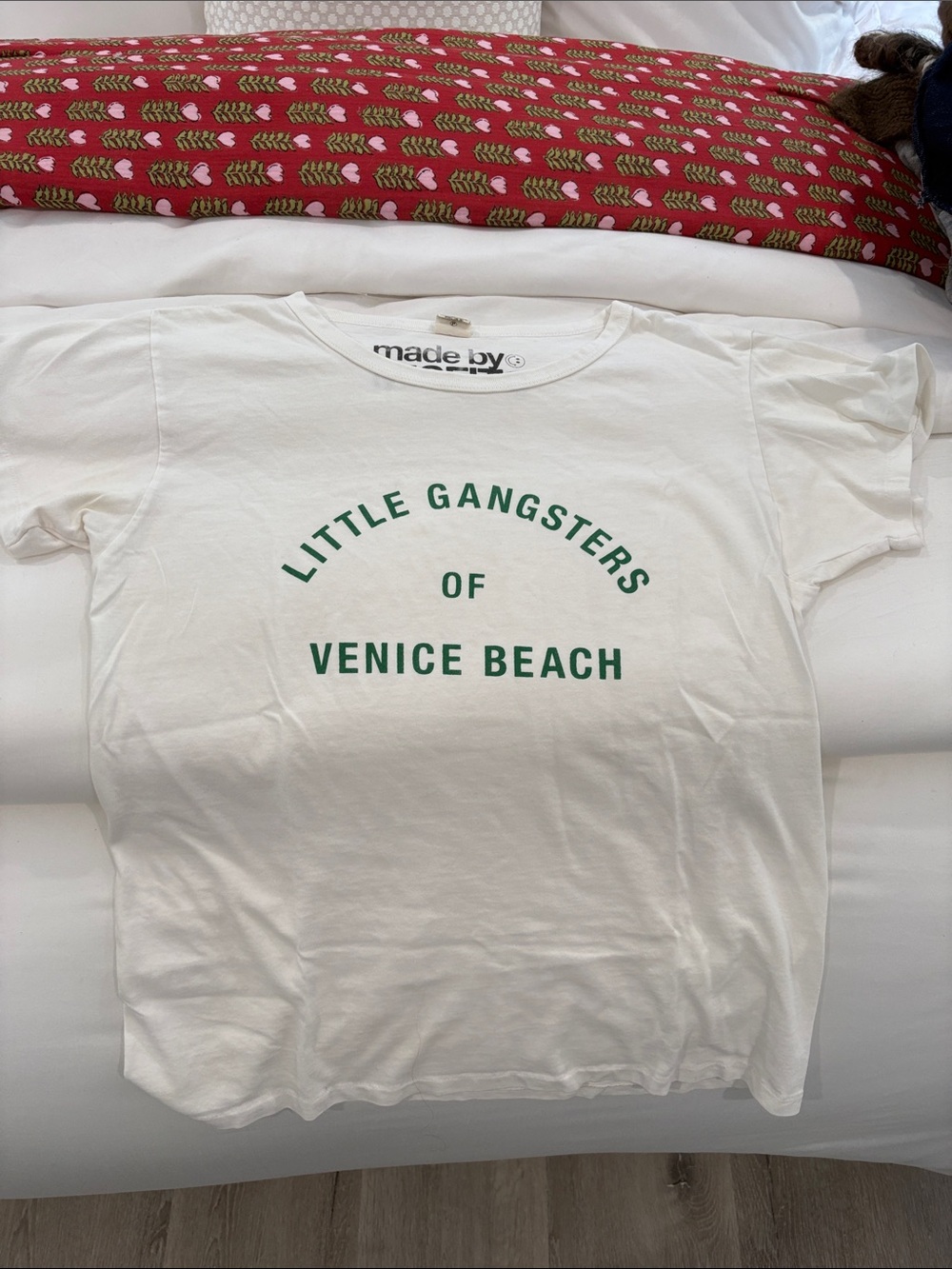 Vintage White Women's Tee with Green 'Little Gangsters of Venice Beach' Graphic